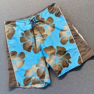 RS Surf Mens Board Shorts Size 38 Blue Brown Hibiscus Floral Swim Trunks Mesh l